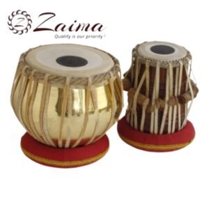 Premium Tabla Drum Set with 2.5 kg Brass-Finish Bayan and Sheesham Wooden Dayan featuring 9–9.25" and 5–5.5" leather heads, complete with Tuning Hammer and Hard Case, Brand Zaima, expertly handcrafted and manufactured by Al Yumna Overseas Pvt. Ltd. for superior sound quality, durability, and professional performance.