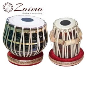 Premium Tabla Drum Set in Black featuring a 2.5 kg Black Brass Bayan and Sheesham Wooden Dayan with 9–9.25" and 5–5.5" leather heads, complete with Tuning Hammer and Hard Case, Brand Zaima, expertly handcrafted and manufactured by Al Yumna Overseas Pvt. Ltd. for exceptional durability, tone quality, and professional performance.