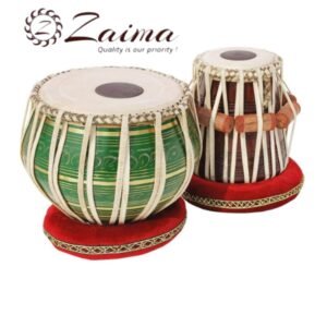 Premium Tabla Drum Set in Green featuring a 2.5 kg Green Brass Bayan and Sheesham Wooden Dayan with 9–9.25" and 5–5.5" leather heads, complete with Tuning Hammer and Hard Case, Brand Zaima, expertly crafted and manufactured by Al Yumna Overseas Pvt. Ltd. for outstanding sound and durability.