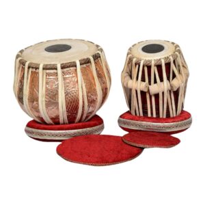 Premium Tabla Drum Set with 2.5 kg Copper-Finish Bayan and Sheesham Wooden Dayan featuring 9–9.25" and 5–5.5" leather heads, complete with Tuning Hammer and Hard Case, Brand Zaima, expertly handcrafted and manufactured by Al Yumna Overseas Pvt. Ltd. for superior sound quality, durability, and professional performance.