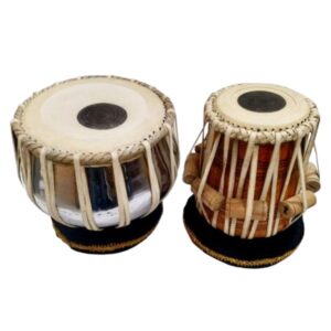 Premium Tabla Drum Set with Iron Metal Silver-Finish Bayan and Sheesham Wooden Dayan featuring 9–9.25" and 5–5.5" leather heads, complete with Tuning Hammer and Hard Case, Brand Zaima, expertly handcrafted and manufactured by Al Yumna Overseas Pvt. Ltd. for exceptional durability, rich sound, and professional performance.