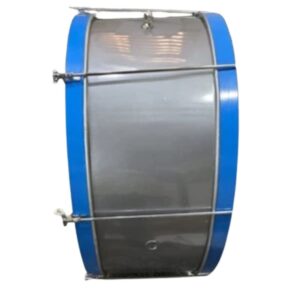 Zaima Heavy Aluminium Bass Drum -Marching Drum- P.T Drum– Available in 22, 24, 26 & 28 Inches with Metallic Silver Shell, Blue Flat Rims, and Screw Tensions – Ideal for School Bands, Army Bands, and Marching Parades – Manufactured by Al Yumna Overseas Pvt. Ltd.