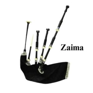 Wood Black Color Special Bagpipe by Zaima—crafted with elegant design and traditional rich sound, perfect for school bands, parades, stage performances, and musical training; durable build ensures long-lasting use, proudly manufactured by Al Yumna Overseas Pvt. Ltd.