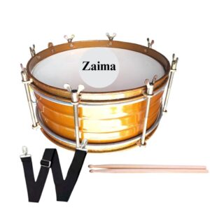 Zaima Side Drum / PT Drum / Snare Marching Drum in Iron Metal with Curled Rims, available in 10, 12, and 14 inches, finished in Bright Yellow Color with Wooden Sticks & Belt, perfect for School Bands, Army Bands, and Marching Parades, by Al Yumna Overseas Pvt. Ltd.