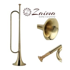 Trumpet Bugle in premium brass with elegant brass finish, includes hard case and mouthpiece, quantity one piece, designed for clarity and durability, high-quality sound projection, Brand Zaima, expertly manufactured by Al Yumna Overseas Pvt. Ltd., ideal for bands and learners.