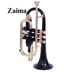Cornet Trumpet in Brass, Bb, Handmade with Black Lacquered + Brass Finish, Includes Mouthpiece and Hard Case, Premium Zaima Instrument for Students, Professionals, School Bands, and Marching Performances, Expertly Crafted by Al Yumna Overseas Pvt. Ltd.