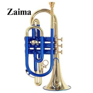 Cornet Trumpet in Brass, Bb, Handmade with Blue Lacquered + Brass Finish, Includes Mouthpiece and Hard Case, High-Quality Zaima Instrument for Students, School Bands, Professionals, and Marching Use, Expertly Crafted by Al Yumna Overseas Pvt. Ltd.