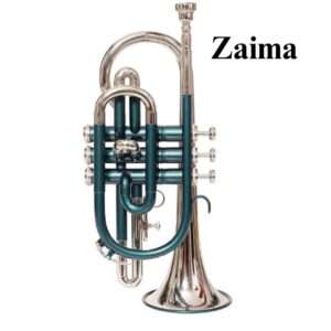 Cornet Trumpet in Brass, Bb, Handmade with Green Lacquered + Nickel Plated Finish, Includes Mouthpiece and Hard Case, Premium Zaima Instrument for Students, Professionals, School Bands, and Marching Performances, Expertly Crafted by Al Yumna Overseas Pvt. Ltd.