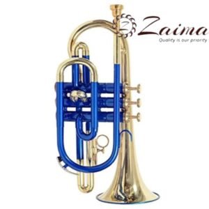 Cornet Trumpet in Brass, Bb, Handmade with Blue Lacquered + Brass Finish, Includes Mouthpiece and Hard Case, High-Quality Zaima Instrument for Students, School Bands, Professionals, and Marching Use, Expertly Crafted by Al Yumna Overseas Pvt. Ltd.