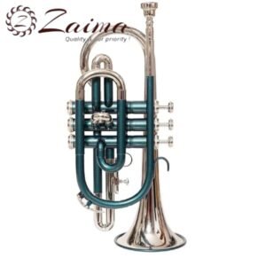 Cornet Trumpet in Brass, Bb, Handmade with Green Lacquered + Nickel Plated Finish, Includes Mouthpiece and Hard Case, Premium Zaima Instrument for Students, Professionals, School Bands, and Marching Performances, Expertly Crafted by Al Yumna Overseas Pvt. Ltd.