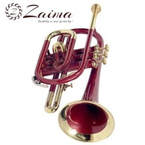 Cornet Trumpet in Brass, Bb, Handmade with Red Lacquered & Brass Finish – Premium Quality Instrument by Zaima, Includes Mouthpiece & Hard Case, Ideal for Students, Professionals, School Bands, and Marching Performances – Made by Al Yumna Overseas Pvt. Ltd.