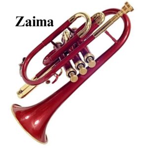 Cornet Trumpet in Brass, Bb, Handmade with Red Lacquered & Brass Finish – Premium Quality Instrument by Zaima, Includes Mouthpiece & Hard Case, Ideal for Students, Professionals, School Bands, and Marching Performances – Made by Al Yumna Overseas Pvt. Ltd.