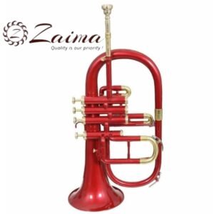 Flugelhorn 4 Valve in Brass, Bb, Handmade with Elegant Royal Red Lacquered + Brass Finish, Includes Premium Mouthpiece and Durable Hard Case, Quantity One, Superior Tone, Smooth Playability, Brand Zaima, Expertly Crafted and Manufactured by Al Yumna Overseas Pvt. Ltd.