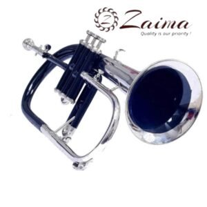 Flugelhorn 3 Valve in Brass, Bb, Handmade with Elegant Dark Blue Lacquered + Nickel Plated Finish, Includes Premium Mouthpiece and Durable Hard Case, Quantity One, Superior Tone Quality and Craftsmanship, Brand Zaima, Expertly Designed and Manufactured by Al Yumna Overseas Pvt. Ltd.