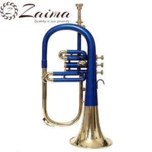 Flugelhorn 3 Valve in Brass, Bb, Handmade with Elegant Blue Lacquered + Brass Finish, Includes Premium Mouthpiece and Durable Hard Case, Quantity One, Superior Sound Quality and Craftsmanship, Brand Zaima, Expertly Designed and Manufactured by Al Yumna Overseas Pvt. Ltd.