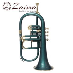 Flugelhorn 4 Valve in Brass, Bb, Handmade with Premium Green Lacquered + Brass Finish, Includes High-Quality Mouthpiece and Durable Hard Case, Quantity One, Superior Tone, Smooth Playability, Brand Zaima, Expertly Crafted and Manufactured by Al Yumna Overseas Pvt. Ltd.