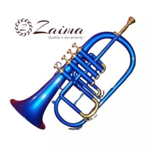 Flugelhorn 4 Valve in Brass, Bb, Handmade with Premium Blue Lacquered + Brass Finish, Includes High-Quality Mouthpiece and Durable Hard Case, Quantity One, Superior Tone, Smooth Playability, Brand Zaima, Expertly Crafted and Manufactured by Al Yumna Overseas Pvt. Ltd.