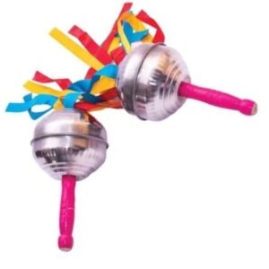 Maracas / Jhunjhuna / Junjuna / Shakers Hand Percussion Cymbals | Pack of 2 | Meerut Model | Available in 5, 5.5, 6 & 6.5 Inch Sizes | Stainless Steel Head, Silver Color | Pink Wooden Handle with Red, Yellow & Blue Ribbons | Brand Zaima | Made by Al Yumna Overseas Pvt. Ltd.