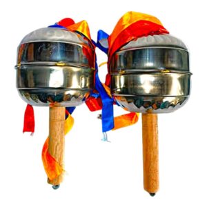 Maracas / Jhunjhuna / Junjuna / Shakers Hand Percussion Cymbals | Pack of 2 | Special Big Size 8", 9" & 12" | Stainless Steel Head, Silver Color | Natural Wooden Handle with Red, Yellow & Blue Ribbons | Brand Zaima | Made by Al Yumna Overseas Pvt. Ltd.