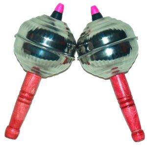 Maracas / Jhunjhuna / Junjuna / Shakers Hand Percussion Cymbals | Pack of 2 | Meerut Model | Available in 5,5.5,6 & 6.5 Inch Sizes | Stainless Steel Head, Silver Color | Magenta Color Wooden Handle | Brand Zaima | Made by Al Yumna Overseas Pvt. Ltd.