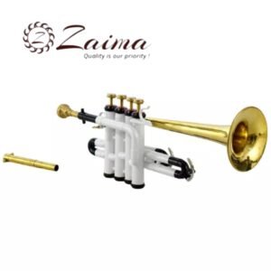 Piccolo Trumpet Bb with White & Black Lacquered Body and Brass Finish, Includes Mouthpiece and Hard Case, Quantity 1 – Premium Quality Instrument by Brand Zaima, Manufactured by Al Yumna Overseas Pvt. Ltd.