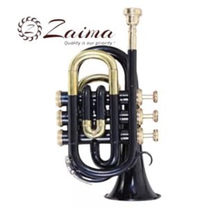 Pocket Trumpet in Brass, Bb, Handmade with Black Lacquered + Brass Finish, Includes Hard Case and Mouthpiece, Premium Zaima Instrument Ideal for Students, Travelers, Professionals, School Bands, and Practice Use, Expertly Crafted by Al Yumna Overseas Pvt. Ltd.