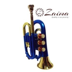 Pocket Trumpet in Brass, Bb, Handmade with Blue Lacquered + Brass Finish, Includes Hard Case and Mouthpiece, Premium Zaima Instrument Ideal for Students, Travelers, Professionals, School Bands, and Practice Sessions, Crafted by Al Yumna Overseas Pvt. Ltd.