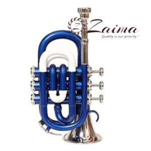 Pocket Trumpet in Brass, Bb, Handmade with Blue/White Lacquered + Nickel Plated Finish, Includes Hard Case and Mouthpiece, Premium Zaima Instrument Ideal for Students, Travelers, Professionals, School Bands, and Practice Use, Expertly Crafted by Al Yumna Overseas Pvt. Ltd.