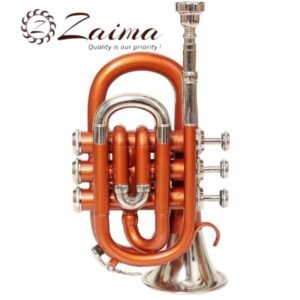 Pocket Trumpet in Brass, Bb, Handmade with Copper Lacquered + Nickel Plated Finish, Includes Hard Case and Mouthpiece, Premium Zaima Instrument for Students, Travelers, Professionals, and Practice Use, Expertly Crafted by Al Yumna Overseas Pvt. Ltd.