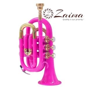 Pocket Trumpet in Brass, Bb, Handmade with Pink Lacquered + Brass Finish, Includes Hard Case and Mouthpiece, Premium Zaima Instrument Ideal for Students, Travelers, Professionals, School Bands, and Practice Use, Expertly Crafted by Al Yumna Overseas Pvt. Ltd.