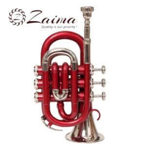 Pocket Trumpet in Brass, Bb, Handmade with Red Lacquered + Nickel Plated Finish, Includes Hard Case and Mouthpiece, Premium Zaima Instrument Ideal for Students, Travelers, Professionals, School Bands, and Practice Use, Expertly Crafted by Al Yumna Overseas Pvt. Ltd.