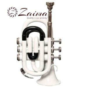 Pocket Trumpet in Brass, Bb, Handmade with White/Black Lacquered Finish, Includes Hard Case and Mouthpiece, Premium Zaima Instrument Ideal for Students, Travelers, Professionals, School Bands, and Practice Use, Expertly Crafted by Al Yumna Overseas Pvt. Ltd.