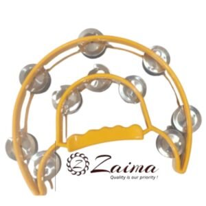 Half Moon-Shaped Tambourine/Dafli/Khanjri / Kanjira in Durable Plastic with Stainless Steel Jingles | Attractive Yellow Color | Perfect for School Bands, Cultural Events & Musical Performances | Brand Zaima | Manufactured by Al Yumna Overseas Pvt. Ltd.