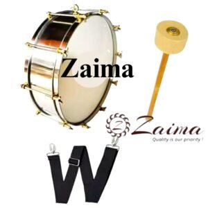 Zaima Thap Dhol / P T Drum / Marching Drum Heavy Model made of Stainless Steel with Flat Rims, available in 16, 18, and 20 inches, finished in Silver Color with Beater & Belt, ideal for School Bands, Army Bands, and Marching Parades, by Al Yumna Overseas Pvt. Ltd.