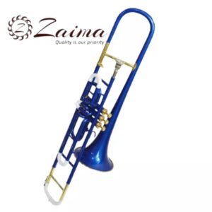 Brass Valve Trombone, Blue/White Lacquered + Brass Finish, Includes Hard Case & Mouthpiece, Premium Zaima Instrument for Students, Professionals, School Bands, and Orchestras, Handmade, Durable, and Reliable, Crafted by Al Yumna Overseas Pvt. Ltd.