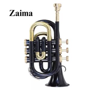 Pocket Trumpet in Brass, Bb, Handmade with Black Lacquered + Brass Finish, Includes Hard Case and Mouthpiece, Premium Zaima Instrument Ideal for Students, Travelers, Professionals, School Bands, and Practice Use, Expertly Crafted by Al Yumna Overseas Pvt. Ltd.