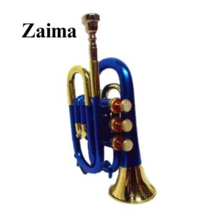 Pocket Trumpet in Brass, Bb, Handmade with Blue Lacquered + Brass Finish, Includes Hard Case and Mouthpiece, Premium Zaima Instrument Ideal for Students, Travelers, Professionals, School Bands, and Practice Sessions, Crafted by Al Yumna Overseas Pvt. Ltd.