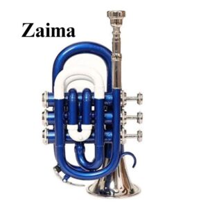 Pocket Trumpet in Brass, Bb, Handmade with Blue/White Lacquered + Nickel Plated Finish, Includes Hard Case and Mouthpiece, Premium Zaima Instrument Ideal for Students, Travelers, Professionals, School Bands, and Practice Use, Expertly Crafted by Al Yumna Overseas Pvt. Ltd.