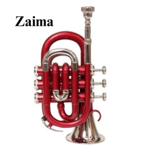 Pocket Trumpet in Brass, Bb, Handmade with Red Lacquered + Nickel Plated Finish, Includes Hard Case and Mouthpiece, Premium Zaima Instrument Ideal for Students, Travelers, Professionals, School Bands, and Practice Use, Expertly Crafted by Al Yumna Overseas Pvt. Ltd.