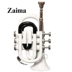 Pocket Trumpet in Brass, Bb, Handmade with White/Black Lacquered Finish, Includes Hard Case and Mouthpiece, Premium Zaima Instrument Ideal for Students, Travelers, Professionals, School Bands, and Practice Use, Expertly Crafted by Al Yumna Overseas Pvt. Ltd.