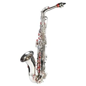 Saxophone Brass with Nickel Plated Finish by Zaima, specially designed for school bands and army bands, offering clear sound projection and strong durability. Supplied with mouthpiece and hard case, professionally manufactured by Al Yumna Overseas Pvt. Ltd.